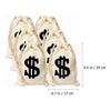 A set of beige drawstring cotton gift bags featuring a black money sign design.