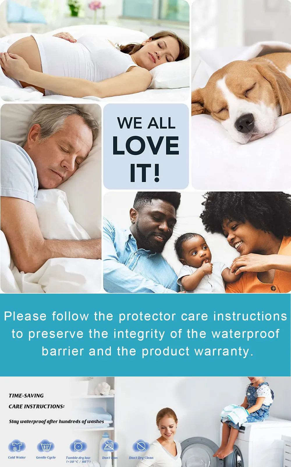 A collage showing people enjoying a waterproof zipper pillow protector cover in various contexts.