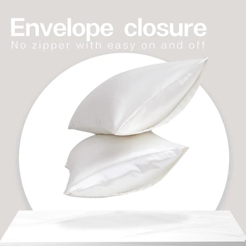 Two white satin pillowcases shown with an envelope closure, emphasizing easy on and off use.