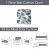 A floral outdoor sofa cushion cover featuring green and beige leaves, shown with various sofa cushions.