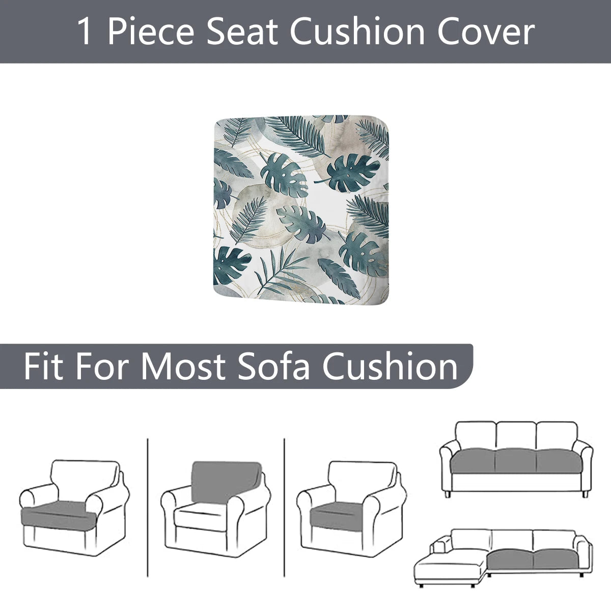 A floral outdoor sofa cushion cover featuring green and beige leaves, shown with various sofa cushions.