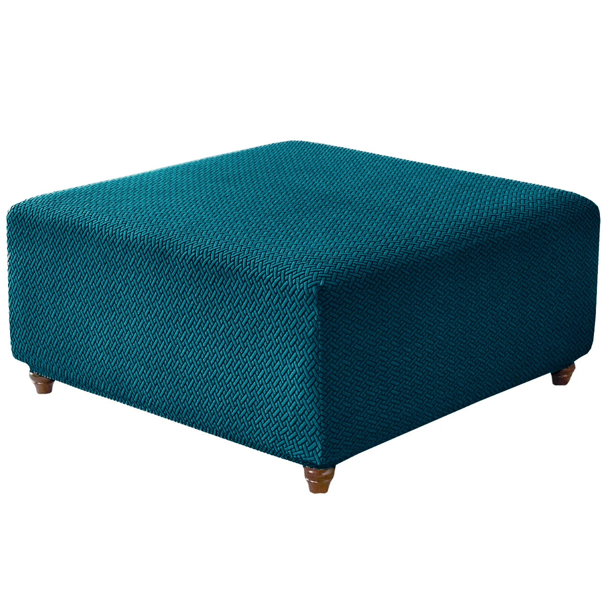 Teal stretch jacquard ottoman and stool cover with a textured weave.