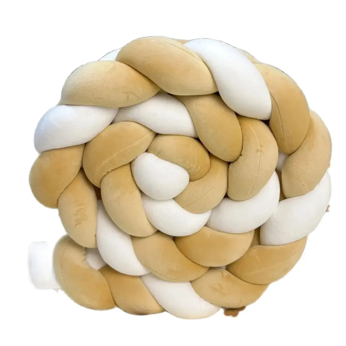Handmade knotted floor mat for bed decor made of beige and white yarn