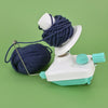 A white hand-operated wool yarn winder device with a blue yarn ball and spindle.