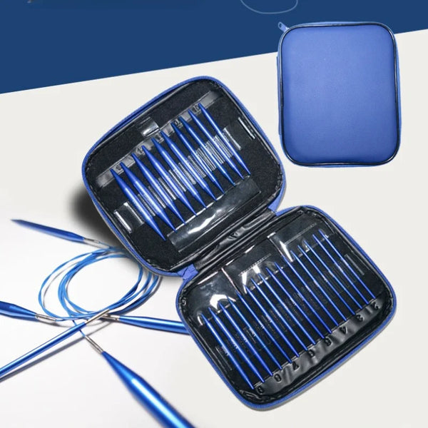 A set of interchangeable circular knitting needles in blue, shown open with a separate storage case nearby.
