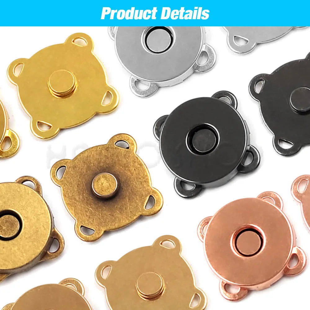 A collection of metal magnetic snap buttons in gold, silver, and black finishes.