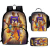 A black multi-compartment backpack set featuring a graphic of a basketball player in a purple jersey.