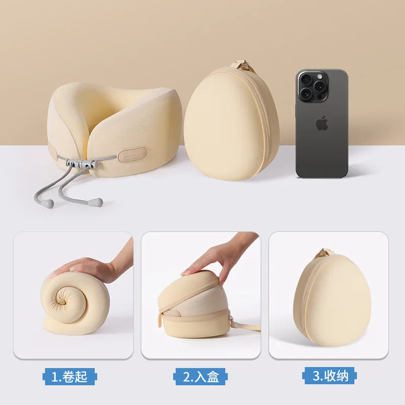A beige U-shaped memory foam travel neck pillow with a cooling cover shown in three stages: opening, packing, and storage.