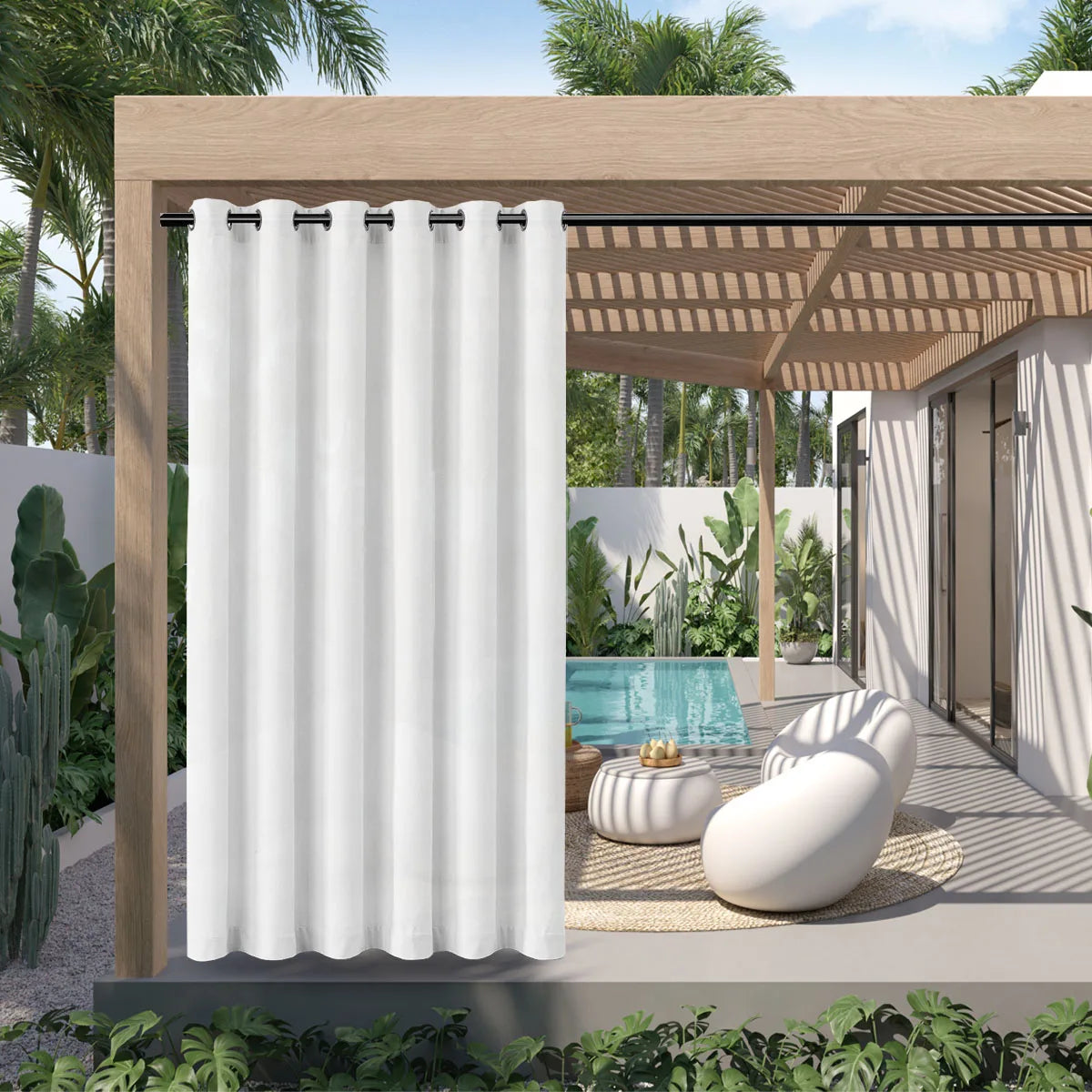 White waterproof outdoor curtain with grommet top hanging in a wooden pergola structure.