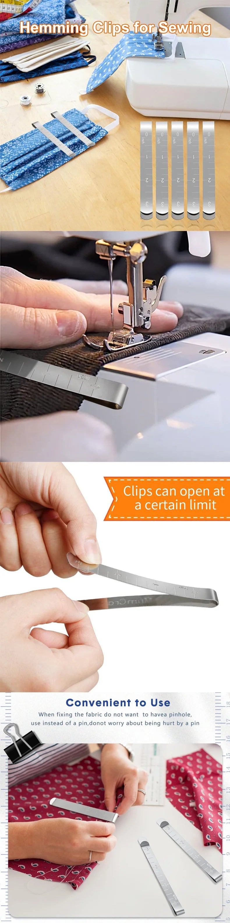 A set of stainless steel sewing hemming clips and a sewing machine needle being used to secure fabric.