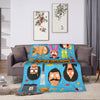 A blue throw blanket featuring various anime and funny themed characters like a bear, a cat, and a man's face.