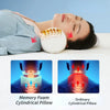 A woman is resting her head on a white memory foam cylindrical pillow, demonstrating the use of a memory foam cylindrical pil
