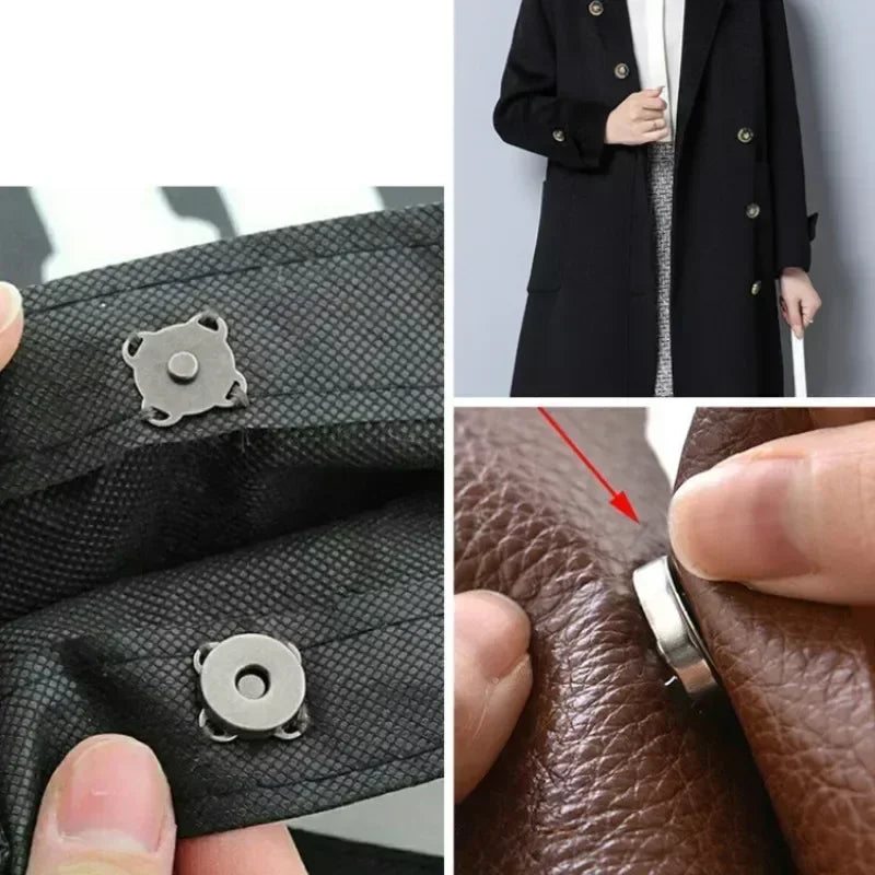 Close-up view of black magnetic snap fasteners used for bags and craft projects.