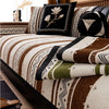 A close-up of a bohemian chenille sofa cushion cover featuring striped brown and cream fabric with geometric patterns.
