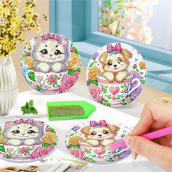 A set of diamond painting coasters featuring cute animal designs like a bear and a kitten on colorful floral backgrounds.