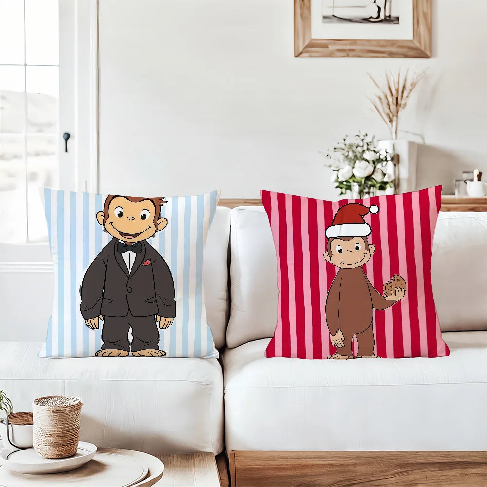 Decorative pillow covers featuring cartoon characters George and Charlie in striped patterns
