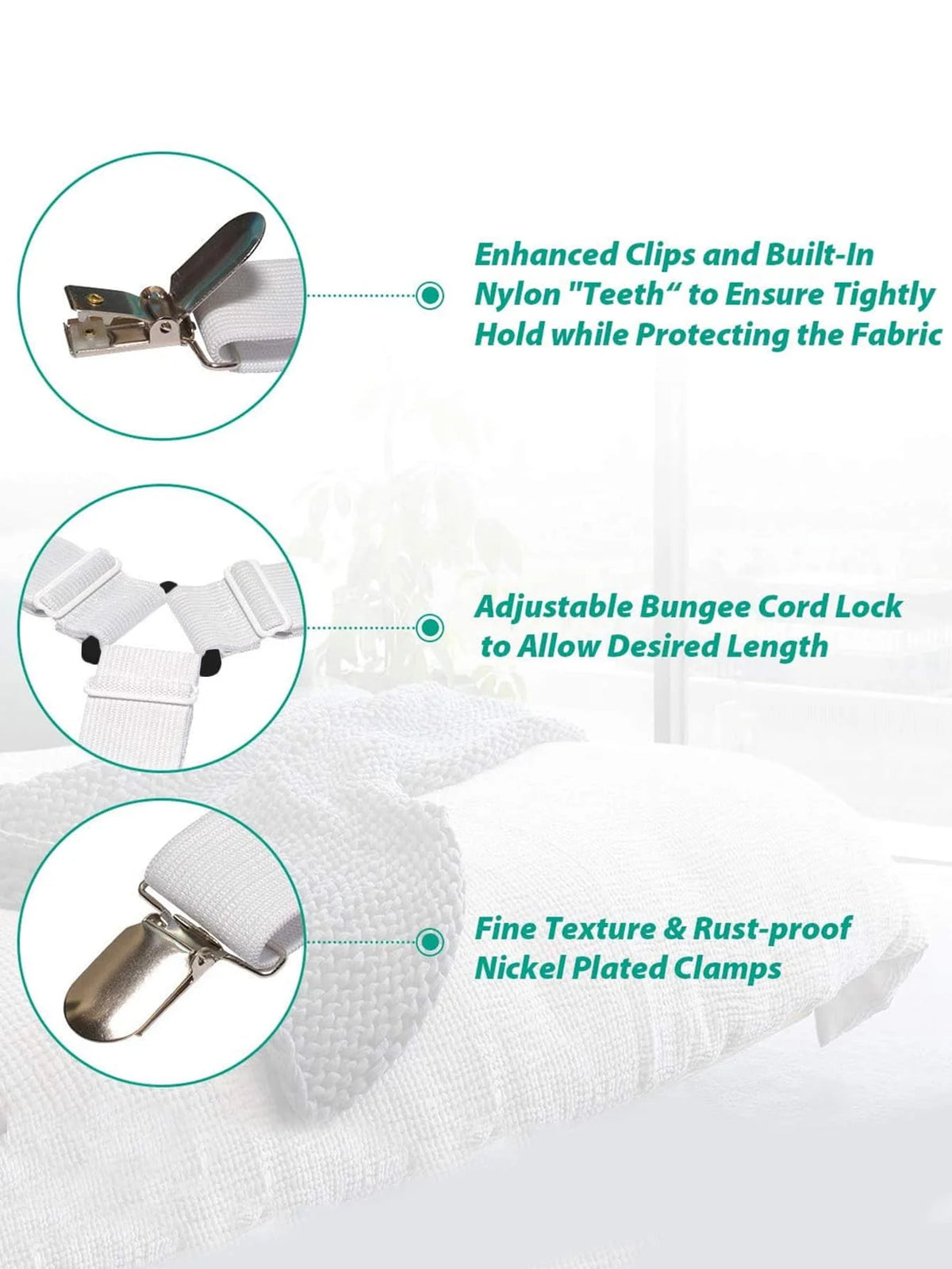 Close-up view of adjustable sheet corner grippers with nylon teeth and nickel-plated clamps on a white fabric.