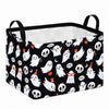 Black foldable storage basket with handles decorated with various white Halloween ghost and skull figures