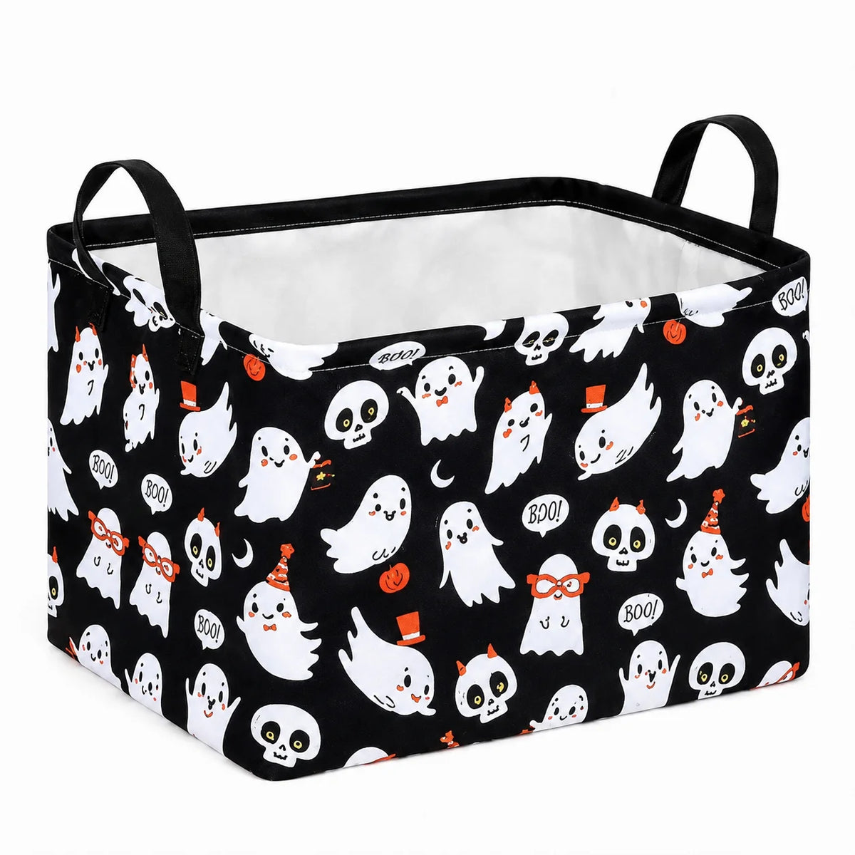 Black foldable storage basket with handles decorated with various white Halloween ghost and skull figures
