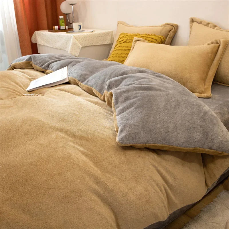 A luxurious flannel duvet cover set featuring beige and mustard yellow pillows on a bed.