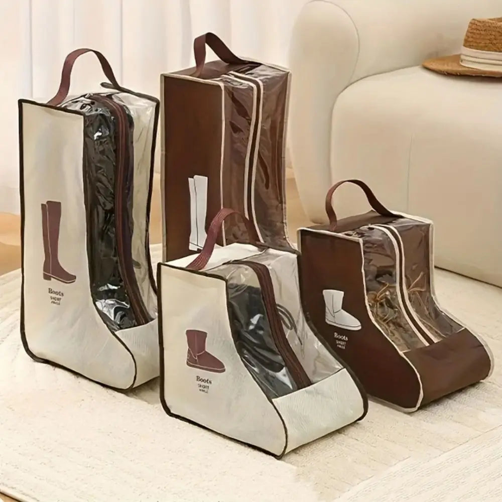 A set of brown and white waterproof foldable boots storage bags displayed on a light surface.