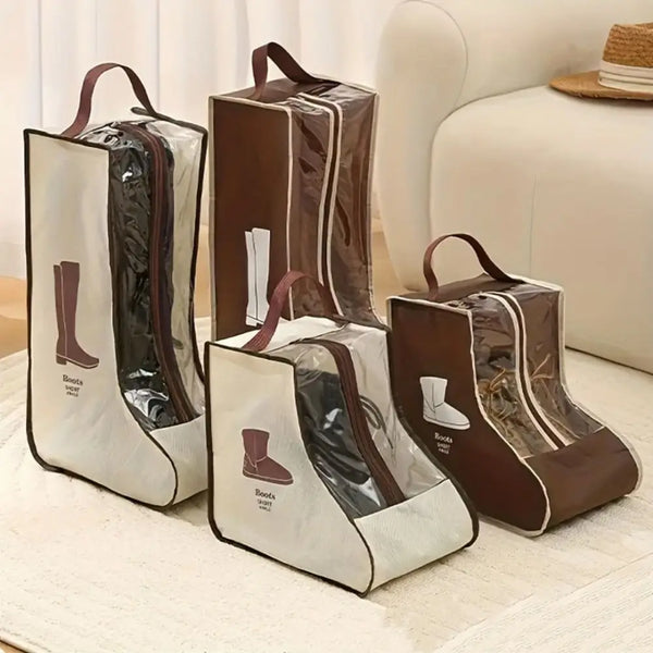 A set of brown and white waterproof foldable boots storage bags displayed on a light surface.