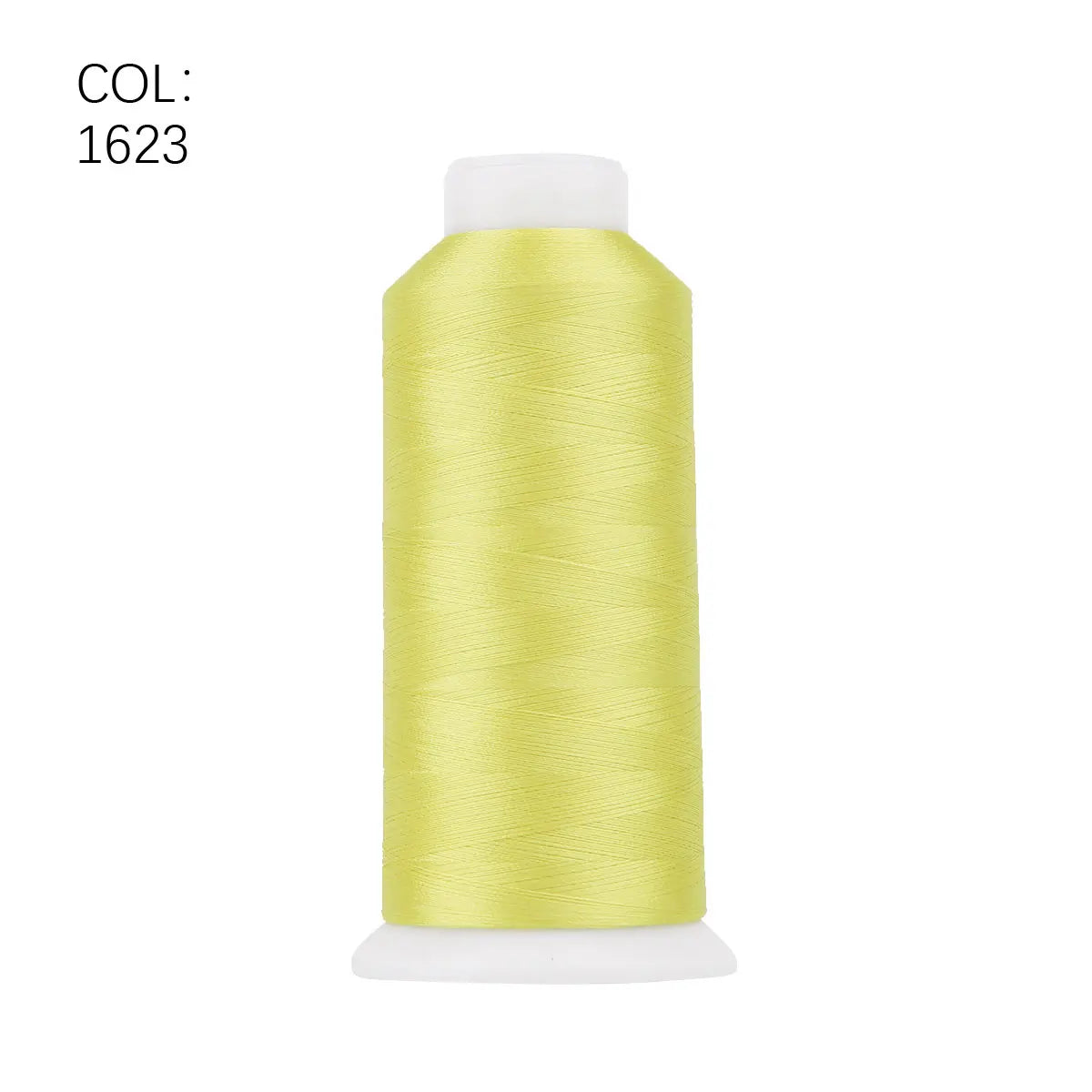 A roll of bright lime green polyester embroidery thread with a white core.