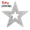 A silver glitter rhinestone star iron-on patch measuring 20cm.