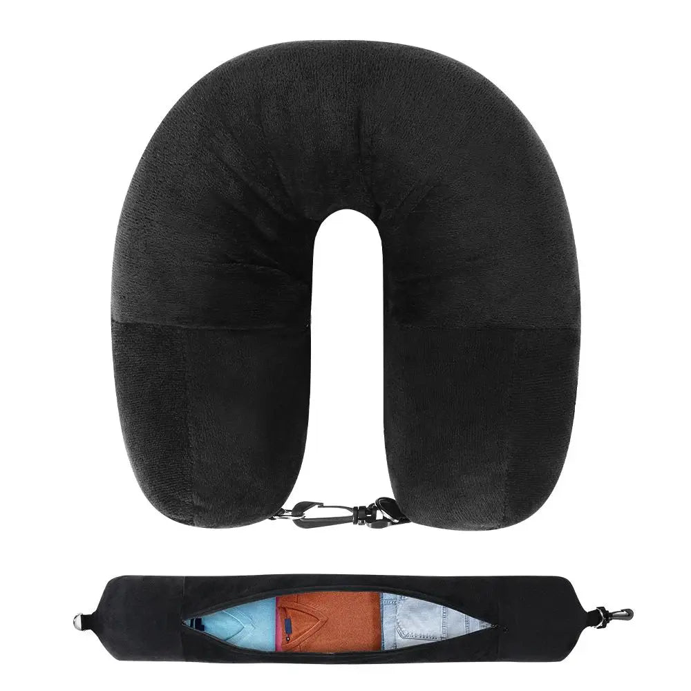 Black fillable U-shaped travel neck pillow shown with an opened view of the internal filling.