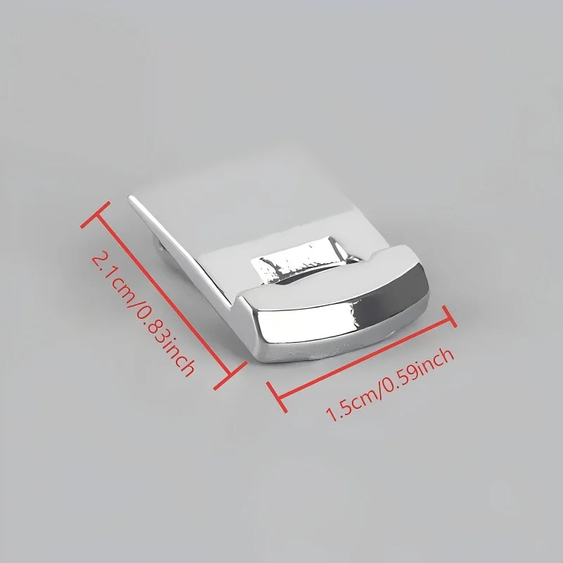 A pair of stainless steel rolled hem feet for sewing machines shown with dimension lines.