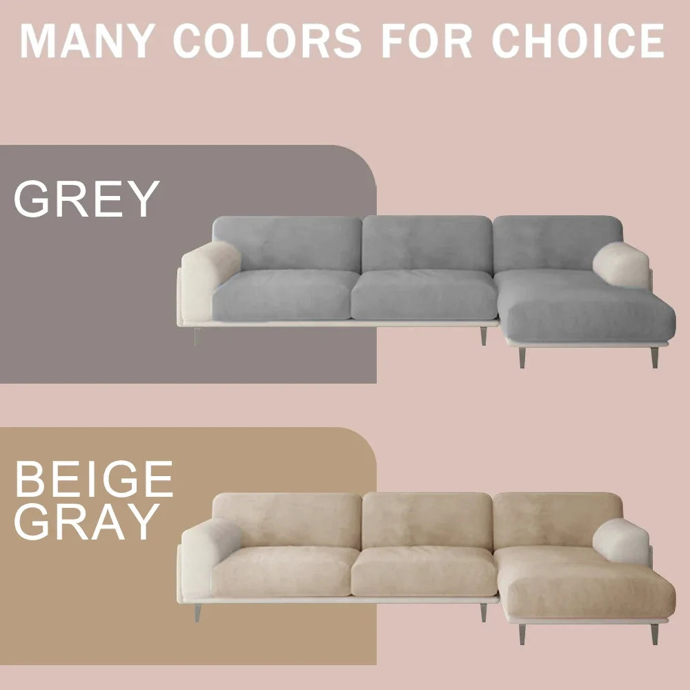 Two luxury velvet sofa seat covers shown in grey and beige gray tones.