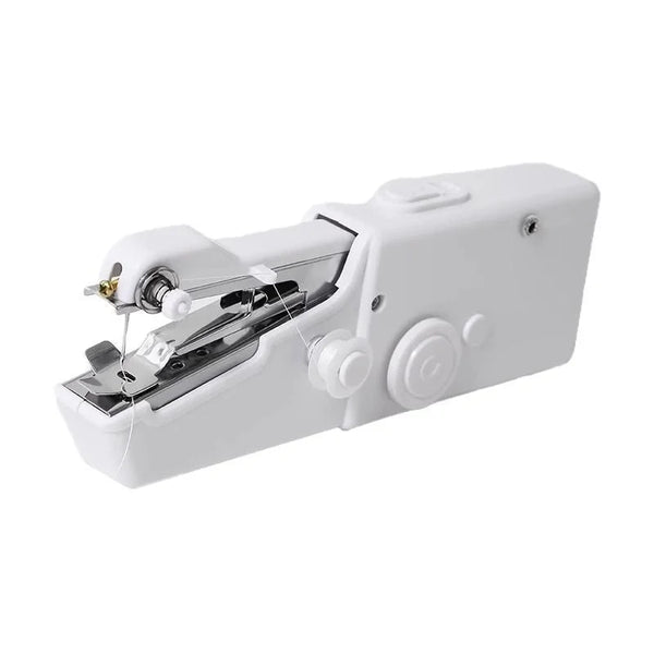A white compact handheld electric sewing machine with a metal needle plate and a round control dial.
