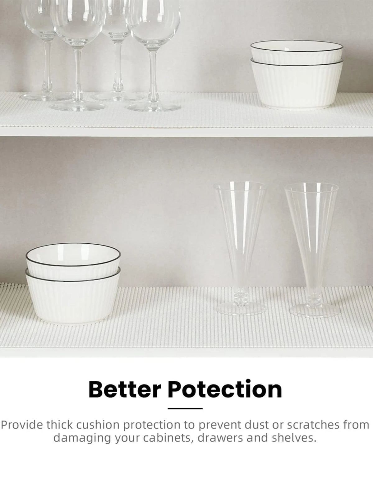 White silicone non-slip drawer liner protecting cabinets, drawers, and shelves.
