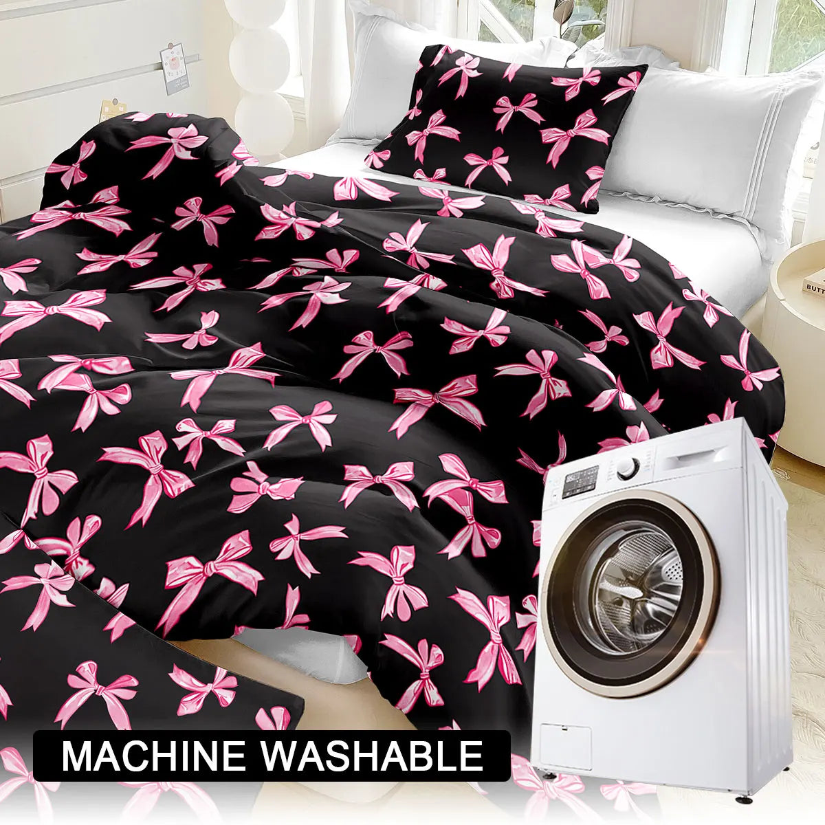 Black duvet cover set with pink plaid bow print and matching pillowcases displayed on a bed.