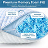 A blue memory foam pillow with a zippered opening showing shredded blue memory foam filling and silky fabric.