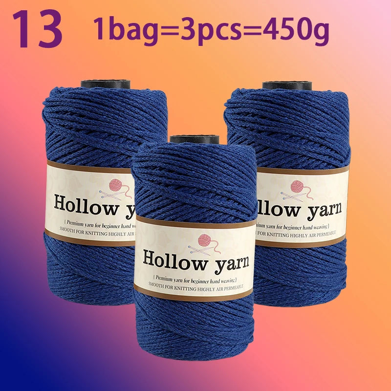 Three spools of Hollow yarn, 1 bag equals 3 pieces and weighs 450g.