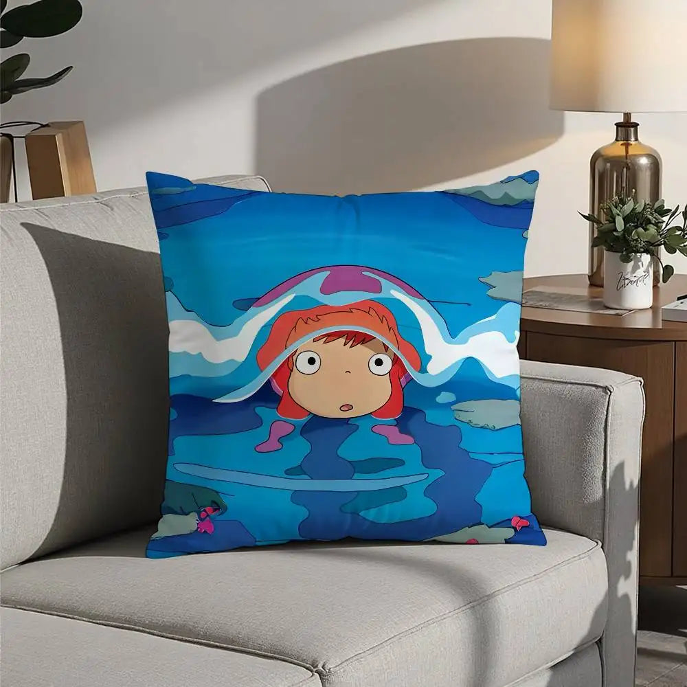 A decorative pillow cover featuring a cartoon illustration of a pony with blue and purple waves.