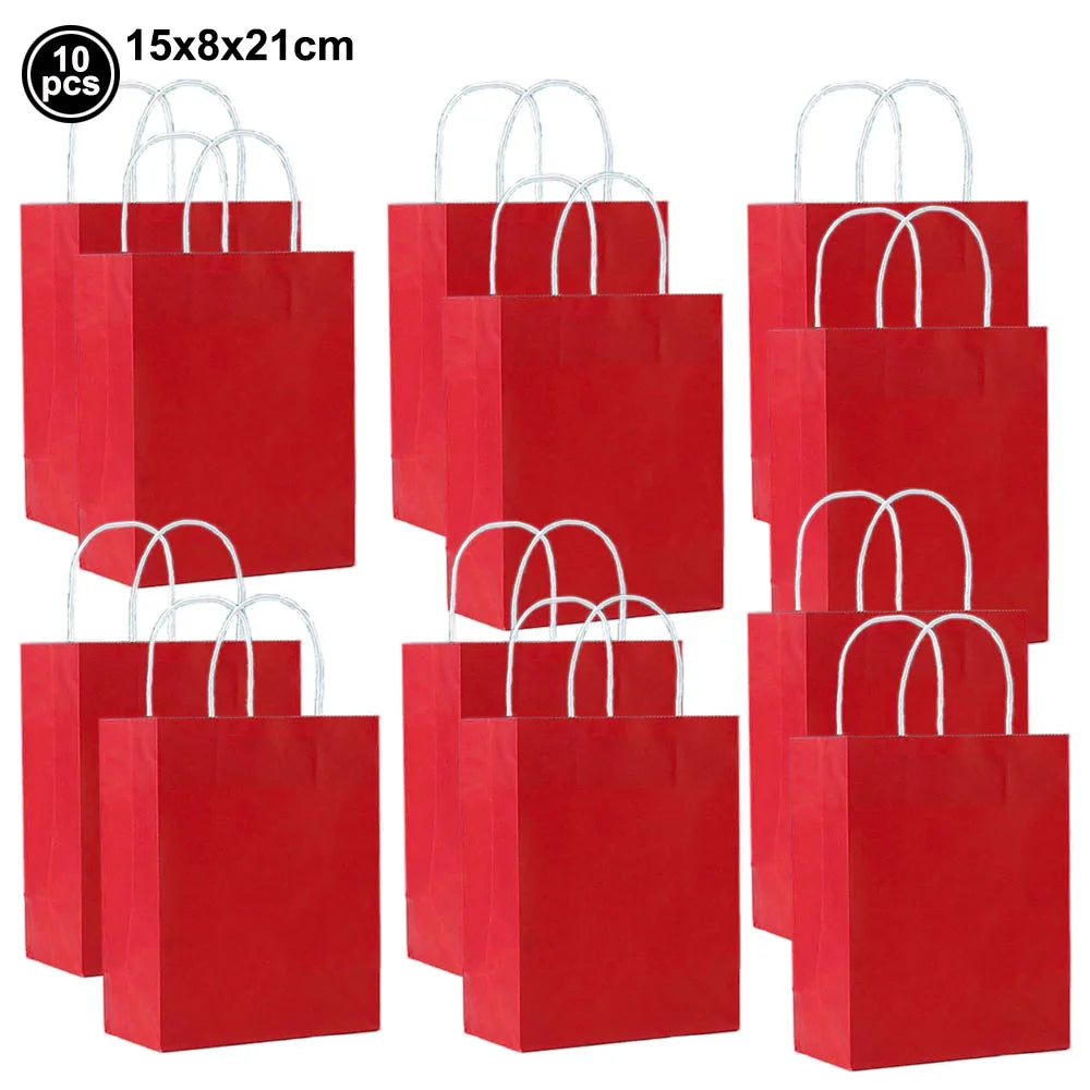 Ten red paper shopping bags with white handles displayed side by side.