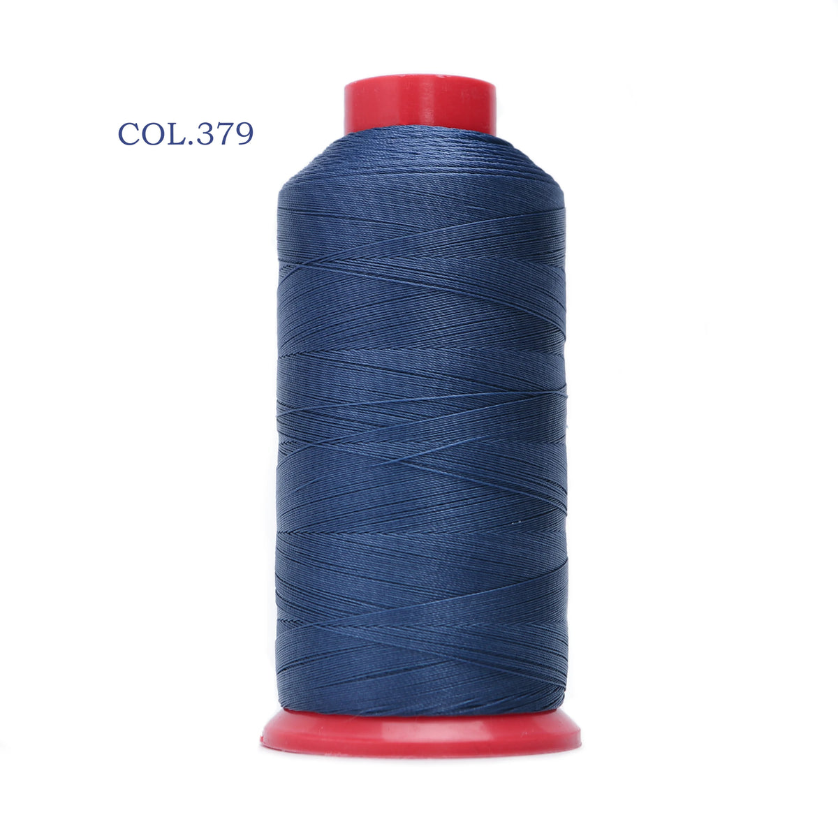 A spool of dark blue heavy duty nylon sewing thread with a red cap.