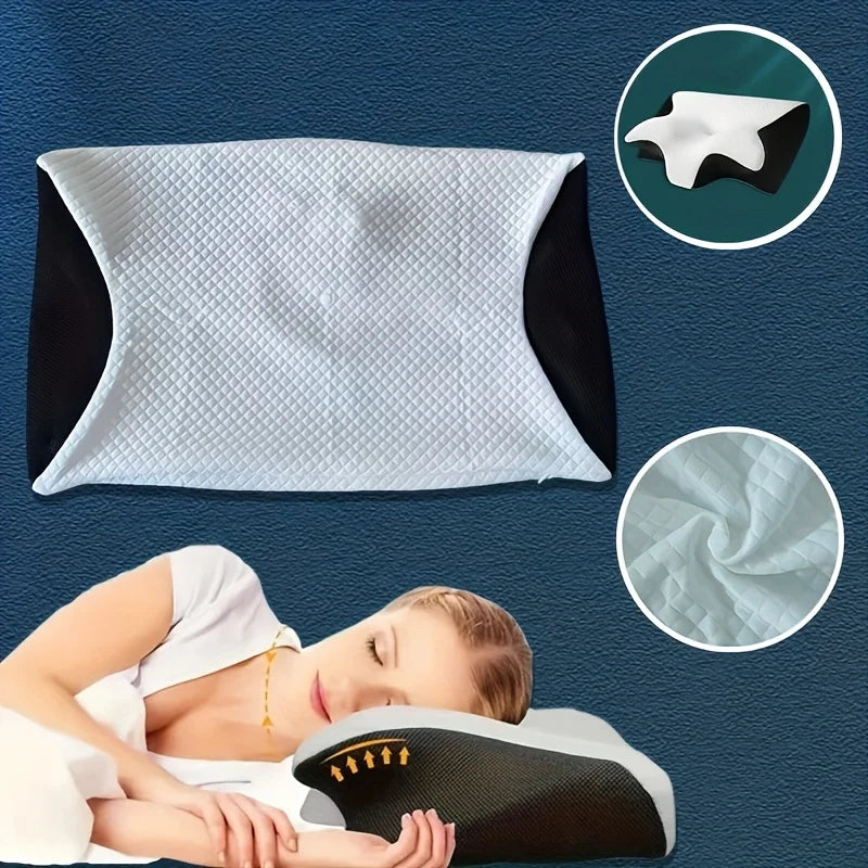 A white memory foam pillowcase is shown alongside a black pillow, a separate pillow insert, and a person using the product fo