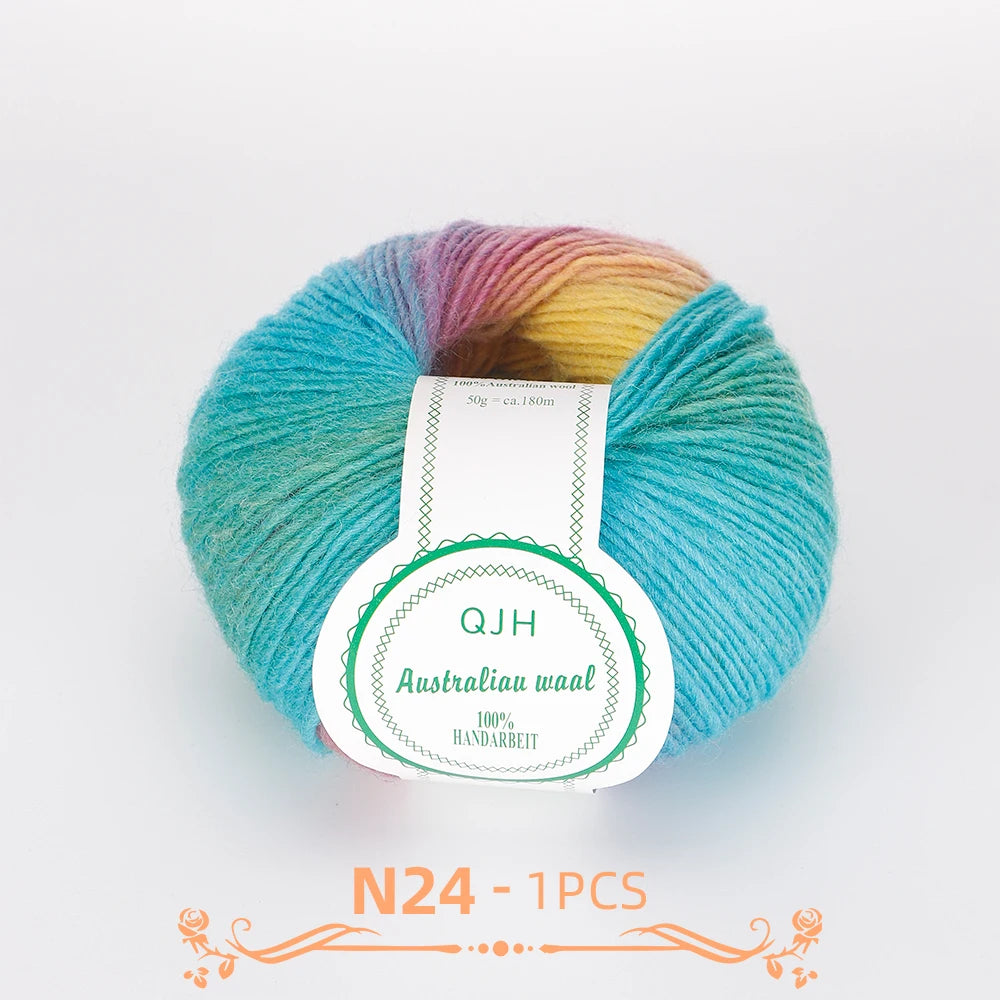 A ball of multi-colored wool yarn with shades of blue, green, yellow, and purple.