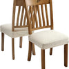 A wooden dining chair with vertical slats and a light beige removable seat cover.