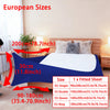 A set of European sized fitted sheets and covers for a box spring, including single, double, queen, and king sizes.
