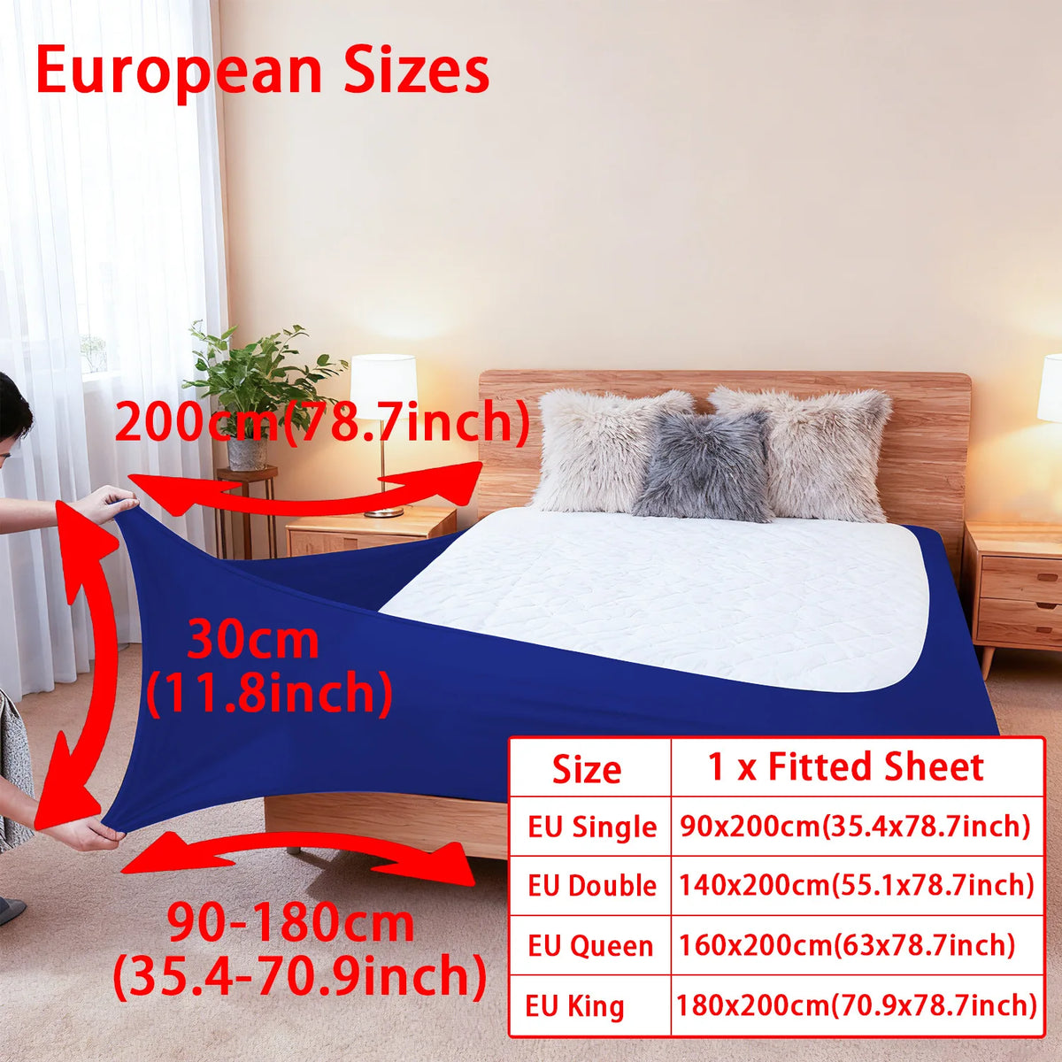 A set of European sized fitted sheets and covers for a box spring, including single, double, queen, and king sizes.