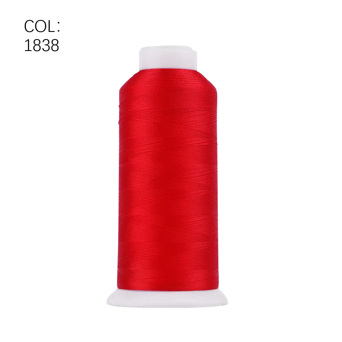A roll of bright red polyester embroidery thread with a white core.