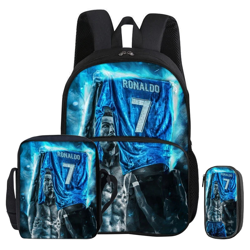 A black football sport backpack featuring a blue and white graphic of Ronaldo's face and the number 7.