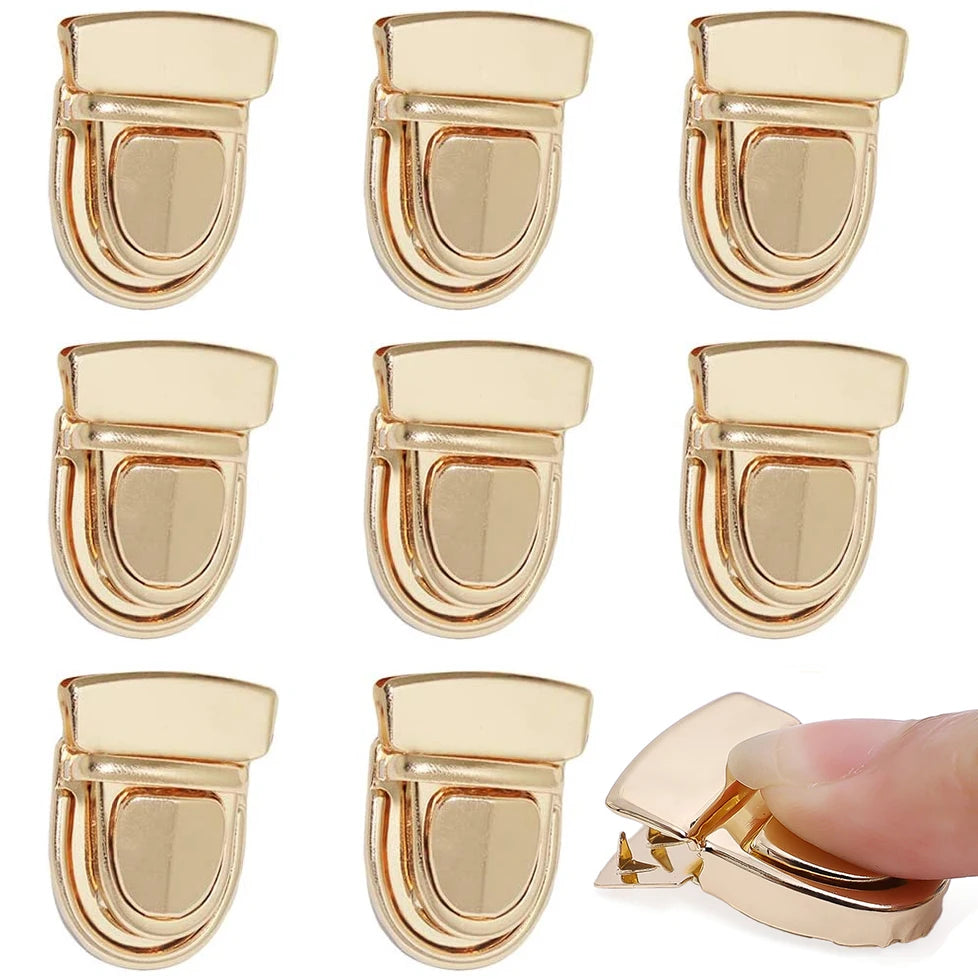 A set of five gold-toned metal bag lock clasps for handbags and totes shown in various angles.