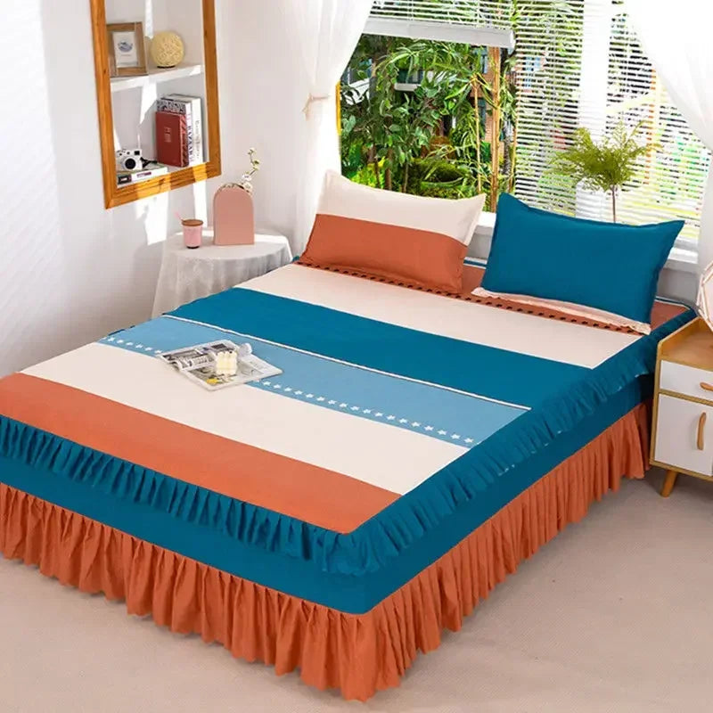 Set of three fitted bed sheets featuring blue, orange, and white stripes with elastic lace trim.