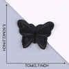 A black embroidered leather butterfly patch is shown against a gray background with dimension markings.