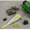 A precision bias tape maker set featuring a silver tool and yellow tape, alongside colored threads and a green machine.